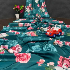 Rose printed soft satin silk saree