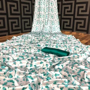 Green & white soft satin silk saree
